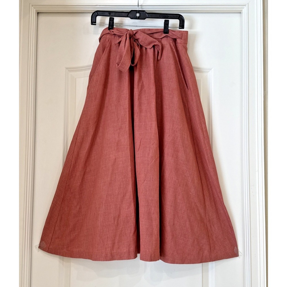VTG Claude Linen Wrap Midi Skirt Salmon Sz 9/10 Coastal Lagenlook Earthy Boho
